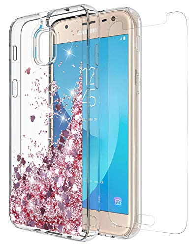 Rosebono Compatible with Samsung Galaxy J3 Achieve/J3 Star/J3 V 2nd Gen./J3 2018/Express Prime 3/Sol 3/Amp Prime 3 2018 Case with Tempered Glass Screen Protector, Quicksand Glitter Case for SM-J337 -  Rosebono Fashion