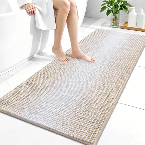 Image of OLANLY Bathroom Runner Rugs 47x24, Extra Soft Absorbent Chenille Striped Bath Rugs, Rubber Backing, Machine Wash Dry, Long Bath Mats for Bathroom, Tub, Shower, Home Decor Accessories, Beige