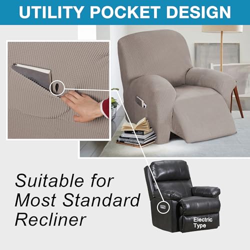 Flamingo P Stretch Recliner Chair Cover Recliner Cover for Electric/Manual Style | Furniture Cover for Reclining with Side Pocket, Soft Checked Jacquard Fabric Form Fitted Standard/Oversized - Taupe - Thumbnail 3