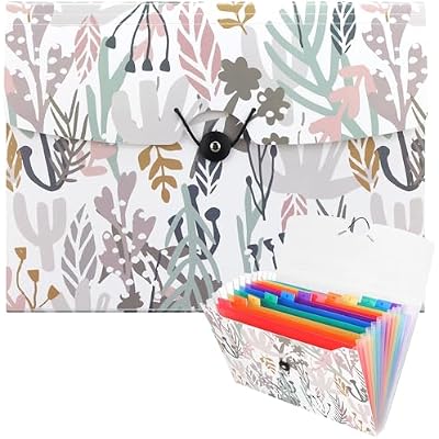 Uquelic 13-Pocket Expanding File Folder, Accordion File Holder with Elastic Buckles Closure Holds Letter/A4 Size Documents, Floral Printed Accordion Folder, School Office Supplies(Seagrass Print)
