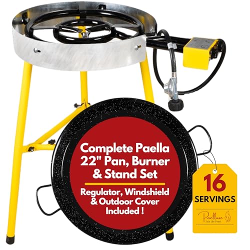 Paelluxe Paella Burner and Stand Set 16 Servings, 22 Inch Paella Pan, Dual Propane Outdoor Stove...