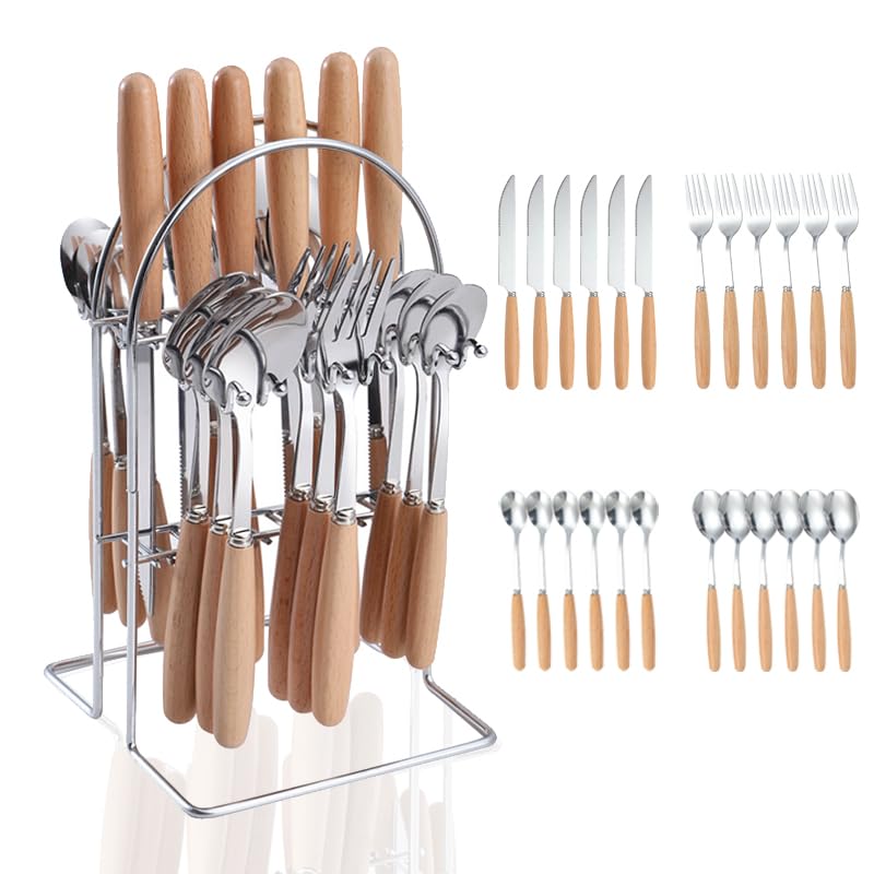 Wekity Besteck Set 6 Personen 24 teiliges Bestecksets Geschirrset Cutlery Set mit Messer Gabel Löffel mit Verdicktem Holzgriff...