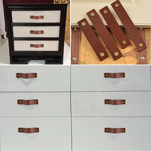 Wingoffly® 2Pcs Genuine Leather Drawer Pulls Wardrobe Cabinet Knobs With Screw(Golden Copper Head/Hole Distance:6.30") #TOP5
