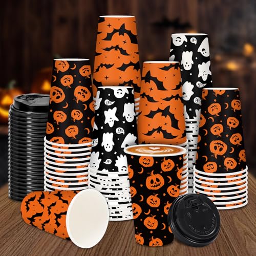 JarThenaAMCS 72 Set Halloween Disposable Coffee Cups with Lids 12oz Black Orange Pumpkin Ghost Bat Paper To Go Coffee Cups for Cappuccino Hot Chocolate Beverage Tea