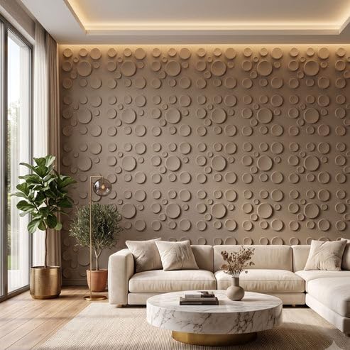 Image of Kayra Decor 3D PVC Wall Panels for Bedroom & Living Room | Moon Design | Mega Greige Color | 19.7 x 19.7 Inch | Pack of 12 | 32.28 Sq Ft