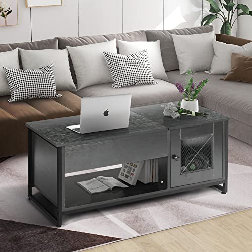 Lynslim Lift Top Coffee Table, Industrial Lift Tabletop Dining Table, 2-Tier Shelves Coffee Table With Hidden Compartment, Side Cabinet And Metal Mesh Doors, For Living Room Storage, Black #TOP1