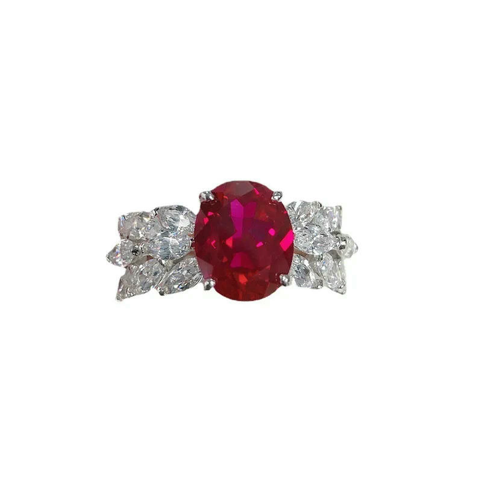 Platynowy pierścionek damski Vintage Hollow Marquise Wings zestaw z 3-karatowym owalnym rubinem i moissanitem - 6-czerwony