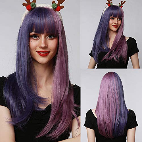 HAIRCUBE Blue and Purple Long Straight Wig With Bangs for Women - Natural Synthetic Cosplay