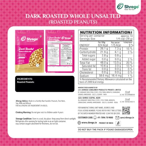 Image of SHREGO Dark Roasted Whole Peanut Unsalted 1440G, Snack & Namkeen (4X360G Vacuum Packed)