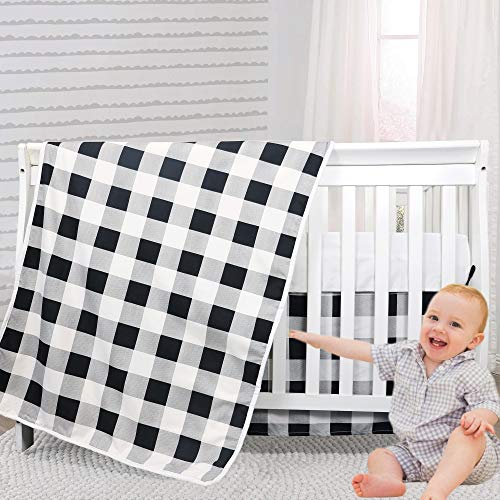 Brandream White Black Nursery Bedding Buffalo Plaid Neutral Baby Bedding 3 Piece Patchwork Blanket Set, Fitted Sheet, Crib Skirt #TOP23
