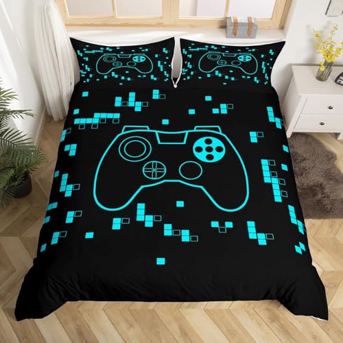 jejeloiu Gamer Bedding Set 2Pcs Toddler Size Kids Video Game Gamepad Comforter Cover for Boys Girls Building Blocks Duvet Cover Soft Lightweight,Teal Microfiber,No Stuffing