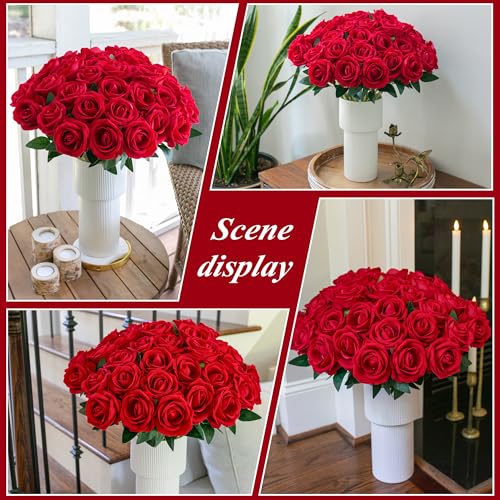 Image of HyeFlora 50 PCS Red Roses Artificial Flowers, Fake Roses with Stems Realistic Silk Roses for DIY Wedding Bouquets Tables Centerpieces Arrangements Party Baby Shower Birthday Home Decor Gift for Her