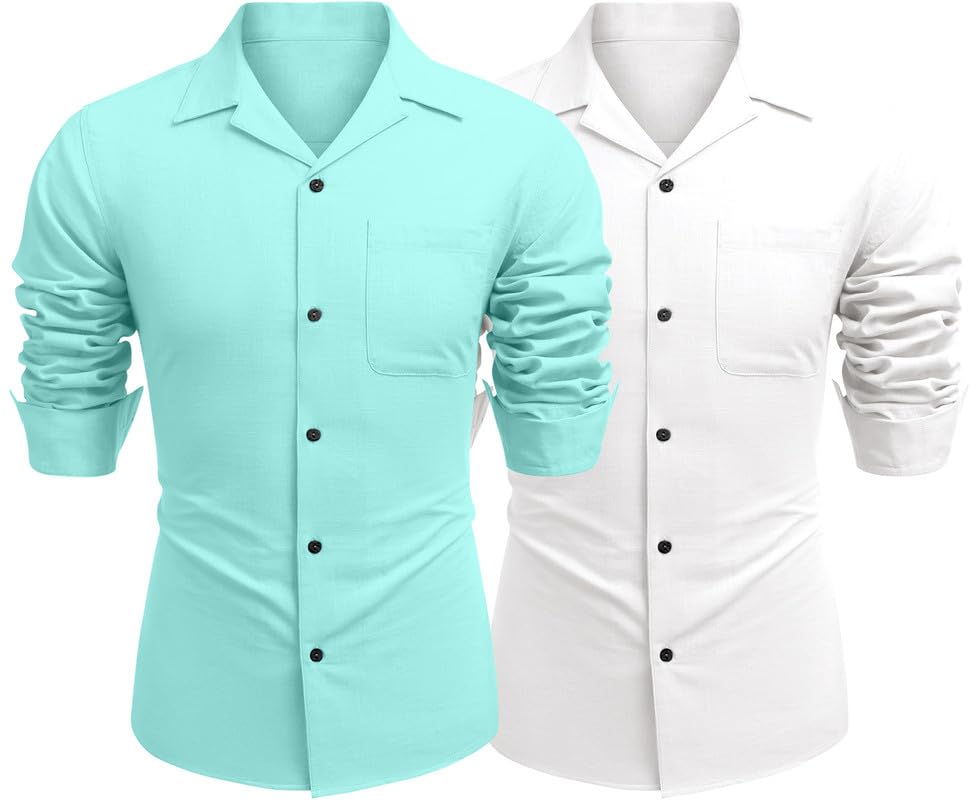 Image of Combo of Men's Casual Cotton Blend Shirt || Long Sleeve Button Down with Spread Collar | Lightweight Breathable Fabric | Stylish Solid Shirt for Beach, Office & Everyday Wear Pack of 2