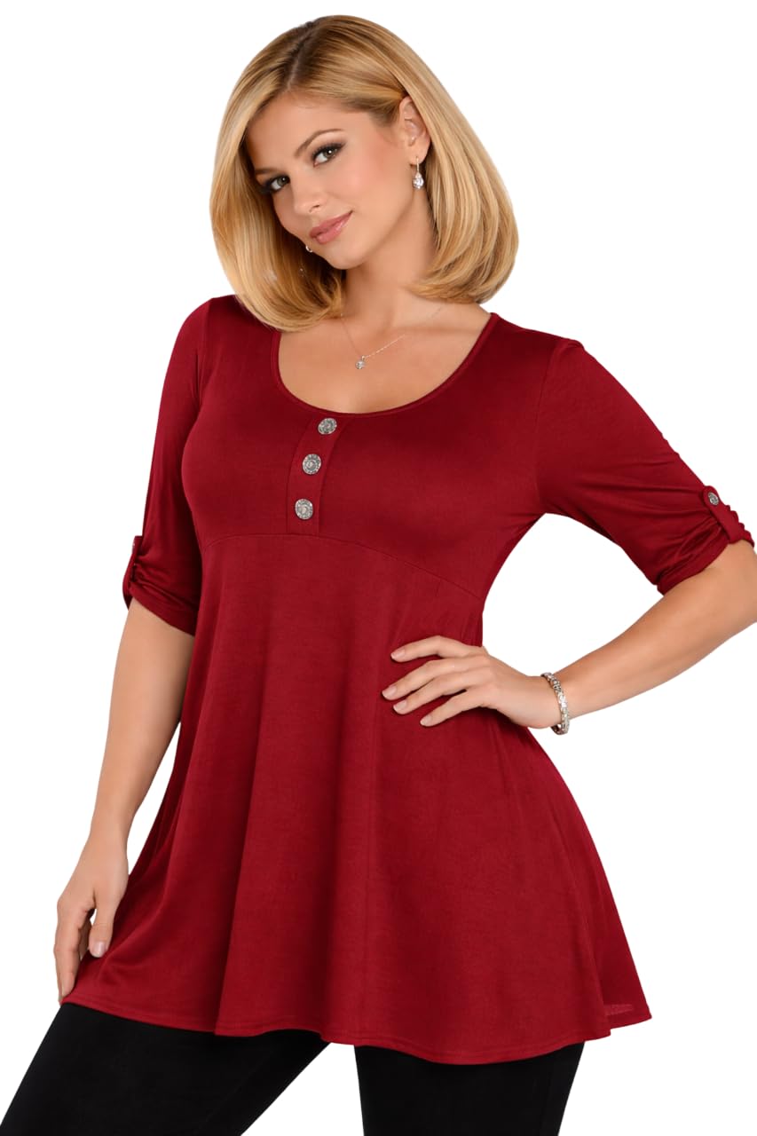 Eye Catch Women's Wine ’S Flared Tunic Top, Button Front Scoop Neck Long Jersey Top – Plus Size 14–28