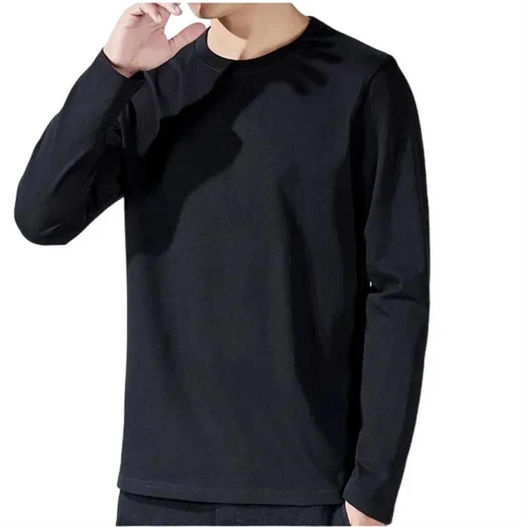 Camiseta de manga larga de algodón para hombre, color liso, cuello redondo, casual, camiseta básica para uso diario