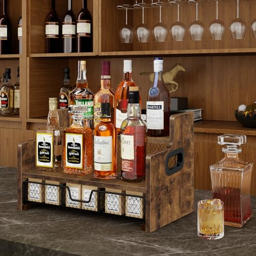 Image of Homode Coffee Syrup Rack Organizer, 3-Tier 8 Bottles Syrup Holder Stand with 35 K Cup Storage Basket Drawer for Coffee Bar, Wood Liquor Shelf Wine Rack Countertop for Home, Rustic Brown