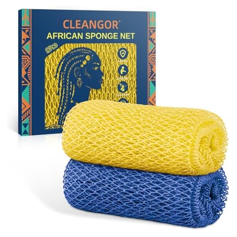 Cleangor 2Pcs African Net Sponge Authentic with Knots - Exfoliating Body Scrubber for All Skin Types, African Bath Sponge, Wash Cloth, Gentle Exfoliation Shower Rag for Women Daily Use Cover