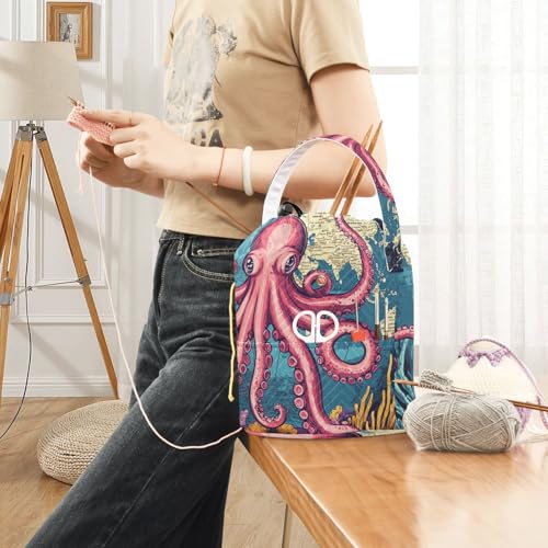 Image of Tatenale Crochet Bag Yarn Bag Knitting Project Bag with Pockets and Handle Portable Yarn Storage Organizer Tangle Free 8.3x11 InchWorld Map Octopus Corals and Seaweeds28