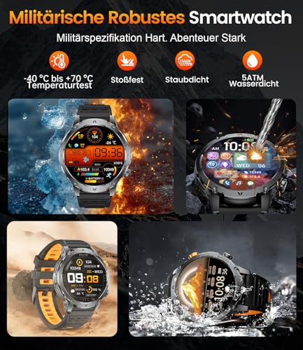 Smartwatch voor heren met 1000 mAh accu/1,7 inch HD groot display, militaire smartwatch met zaklamp/bluetooth-oproepen/120+ sportmodi, IP68 waterdicht, fitnesshorloge met hartslag/slaapmonitor, voor - Afbeelding 6