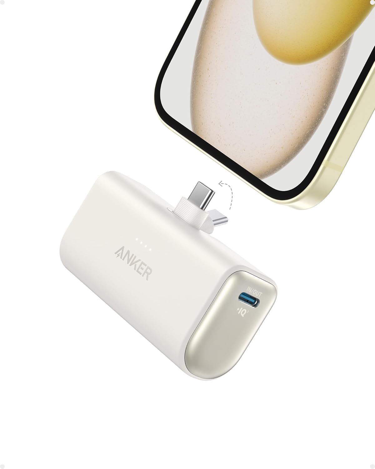 Nano Power Bank, Mini Portable Charger with Built-In Foldable USB-C Connector, 5,000mAh Battery Pack 22.5W, For iPhone 16/15, Samsung S23 Series, Note20 Series, Huawei, iPad, AirPods, and More