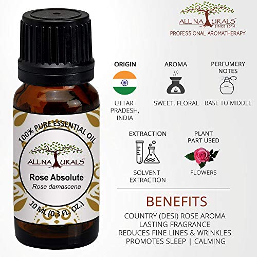 Image of All Naturals Indian Rose Absolute Essential Oil 100% Pure,Country Rose-Like Sweet Earthy Aroma For Natural Perfumes,Massage Oils,Attars,Diy Skincare&Diffusers-10 Ml|N-Hexane Extracted,Alcohol-Free