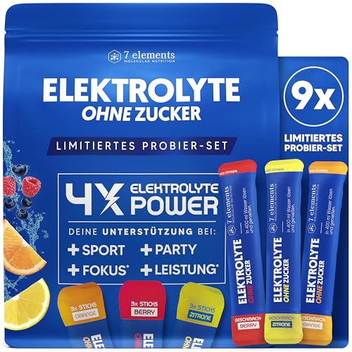 Elektrolyte OHNE ZUCKER - Probier-Set - 1390mg Elektrolyte für Sport und gegen Kater - Elektrolyt Pulver kalorienarm und zuckerfrei - Premium Electrolytes mit 3x leckeren Geschmäckern – 9 Stück