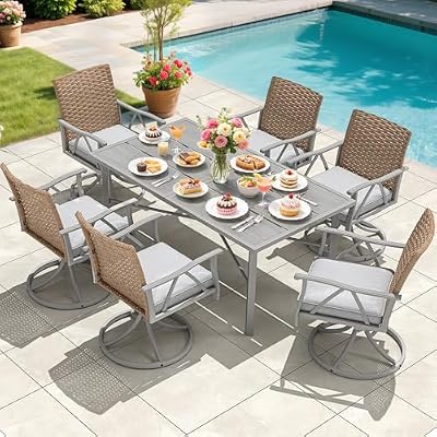 YITAHOME Outdoor Patio Dining Set 7-Piece 59.1" * 35.4" Outdoor Table and Chairs Patio Dining Furniture Sets for 6 with Swivel Patio Dining Chairs and Cushions Outdoor Dining Table Set