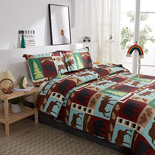 Oliven Lightweight Summer Lodge Moose Bear Quilt Set King Size Rustic Cabin Bedspreads Christmas Tree Eagle Bear Paw Pine Cones Printed Coverlet Soft Blanket Set with 2 King Pillow Shams - Thumbnail 6