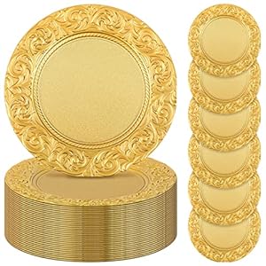 Zhehao 50 Pcs Antique Gold Charger Plates Bulk 13 Inch Embossed Rim Plastic Charger Plate Decorative Round Plate Chargers for Dinner Wedding Party Event Table Setting Decoration
