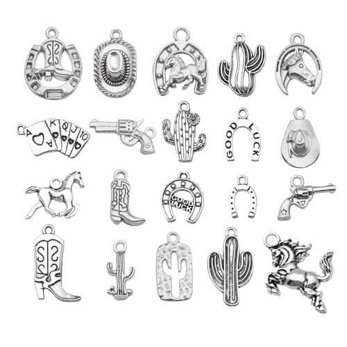 100 Grams Western Cowboy Charms for Jewelry Making Alloy Boot Gun Cowboy Boot Hat Horse Cactus Charms Pendants for Necklace Earrings Bracelet Keychain Father's Day Gifts DIY Craft Findings (SN820)