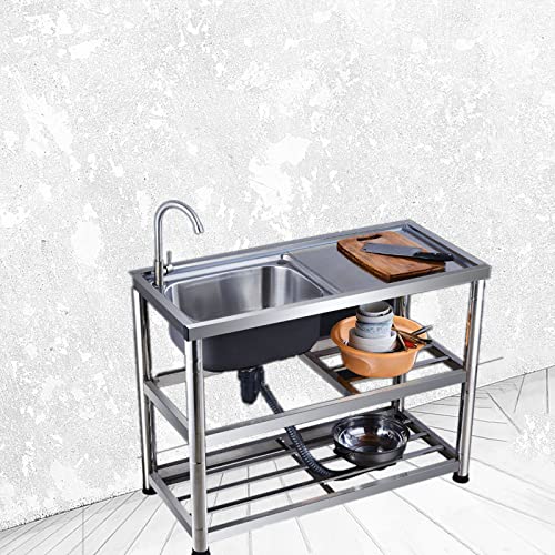 OVOPAN Free Standing Stainless Steel Utility Sink Single Bowl, Restaurant Kitchen Sink with Faucet Durable Washing Hand Basin with Workbench, for Indoor Outdoor Laundry Garage 39.4in/100cm LeftBasin