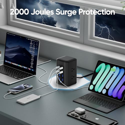 TenTrend Power Strip Tower, 230W Total Fast Charging Station for Multiple Devices, 5FT Extension Cord Tower with 6 Outlets 8 USB(4 USB C), 2000J Surge Protector for Home Office, Dorm Essentials - Image 6