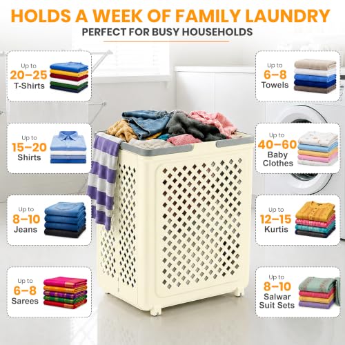 Image of JD FRESH Large 45 Liters Foldable Laundry Basket /Multipurpose Laundry Bag for Clothes with Wheels and Integrated Handles /Movable Plastic Clothes Basket /Laundry Bucket for Home & Laundry Room (Ivory)