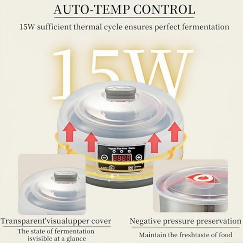 Yogurt Maker digitale con display a LED e controllo del tempo, 5 vasetti di vetro per yogurt naturale biologico, natto, riso, vino, birra, design compatto, 22 x 22 x 15 cm (regolamenti statunitensi)