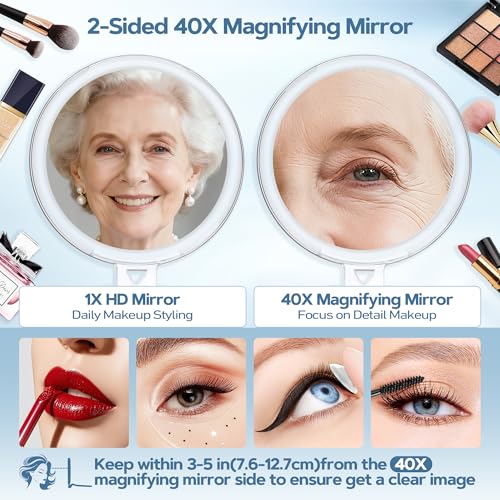 B Beauty Planet 40X Magnifying Mirror for Travel with Handle, Double-Sided 1X/40X Magnification Hand Mirror for Makeup,Travel Mirror for Desk 5 Inches 9 ounces