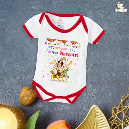 Image of baby wish Baby Bodysuits Newborn Romper Half Sleeve Unisex Romper Can't Keep Calm it's first Navratri
