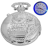 Silvery Turn Left Locomotive Design Pocket Watch with LED Light, Creative Quartz Arabic Numeral Dial for Men's Pocket Watch