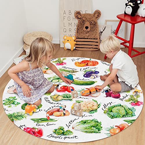 Vegetables Collection Round Fluffy Area Rugs For Living Room Kids Room- Farmhouse Style Vegetable Art Contemporary Rug Soft Throw Rug Modern Home Decor Carpet, 4Ft #TOP5