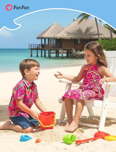 Image of PATPAT Family Hawaiian Matching Outfits - Mommy and Me Vacation Outfits | Halter Sundresses and Button Down Shirts,Caribbean Vacation Summer Tropical Outfits,Hawaiian Boho Tropical Floral Printed