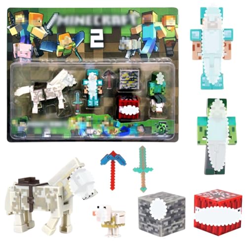WAVATA 8 piezas Minecraft Figuras Minecraft Juguetes Minecraft Figuras Steve Contiene Personajes, Animales, Armas, Minerales, Figuras de Acción para Jugar y Coleccionar, Inserto para Pastel, Juego de