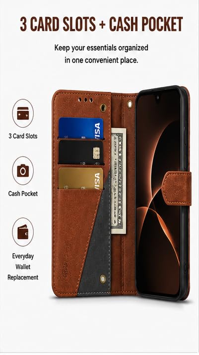 Image of HushLush Premium Flip Cover Compatible for Redmi A7 Pro | Shockproof Wallet Style Protective Case with Card Slots, Magnetic Closure, Stand Function & Full Body Protection (Dual Tone Metallic) (Brown)
