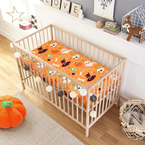 Image of UOMNY Halloween Pumpkin Crib Sheet for Boys Girls Halloween Fitted Crib Sheets for Standard Crib 52 X 28 Inch Toddler Crib Mattresses Sheet, Purple Hat