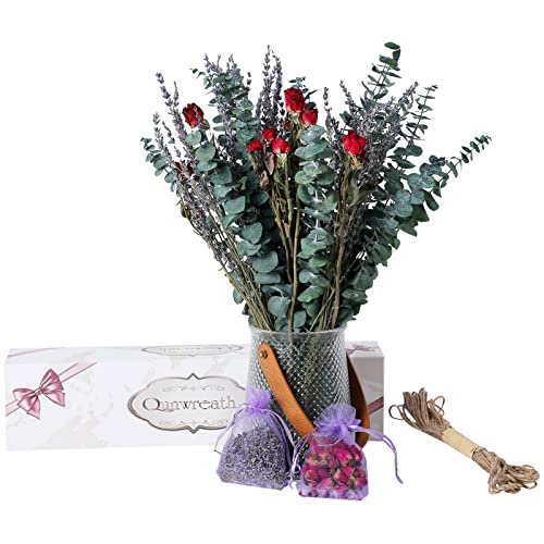 Dried Eucalyptus For Shower & Lavender And Rose Flowers Bundle, 17'' Natural Real Live Eucalyptus Leaves Greenery Stems & Aromatic Lavender Shower Plant,Comes With Lavender And Rose Sachet #TOP1