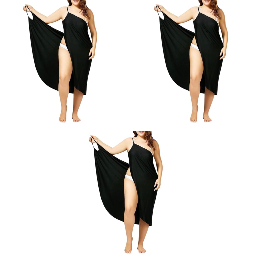 palay Beach Wear Dress for Women Stylish Solid Spaghetti Strap Wrap Bikini Set Swimsuit Cover Up Lightweight Sarong Outfits L Black 3PCS-picture-36