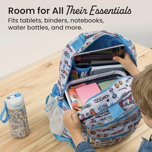 Image of Bentgo Kids Print Backpack - Lightweight 14 inch Backpack for School, Travel & Daycare, Ideal for Ages 4+, Durable & Water-Resistant, Roomy Interior, & Loop for Lunch Bag (NEW Race Cars)