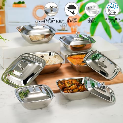 Image of Sumeet Stainless Steel Square Serving Bowl /Curry Bowl /Gravy Pot with lid, 2Pc each of 600ml,900ml & 1250ml capacity, 14.5cm, 17cm & 18.8cm Dia, Set of 6 Pcs, Silver