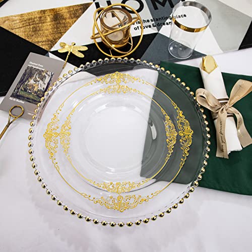 Hioasis 350Pcs Clear Gold Plastic Plates - Gold Disposable Plates For 50 Guests Include 50 Dinner Plates, 50 Salad Plates, 150 Gold Plastic Silverware, 50 Cups, 50 Rolled Napkins For Wedding & Party #TOP3