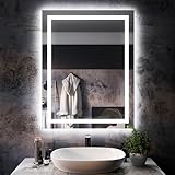 ISKM 28''x36'' LED Lighted Bathroom Mirror Wall Mounted Backlit and Front Anti-Fog Dimmable Lights Makeup Mirror with 3 Colors Light Memory Function Mirror Tempered Glass Shatter-Proof