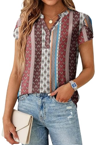 Lepunuo Womens Plus Size Blouses Short Sleeve Shirts Summer Boho Tunic Tops V Neck Formal Henley Tops