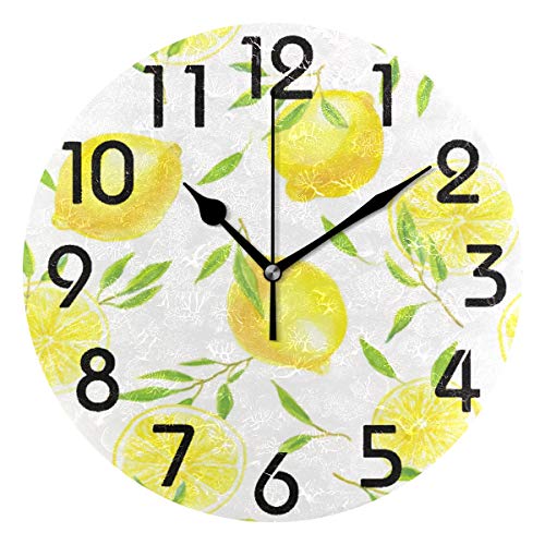 Naanle Lifelike Lemon Leaves Pattern Round Wall Clock, 9.5 Inch Battery Operated Quartz Analog Quiet Desk Clock for Home,Office,School
